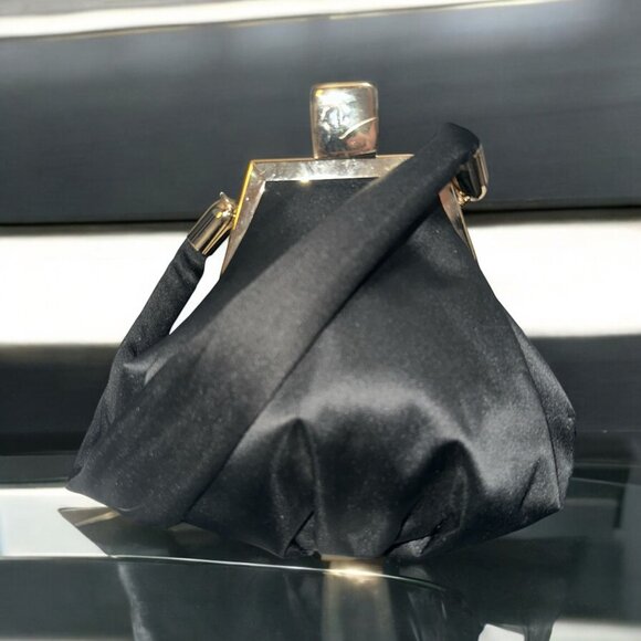Black Satin Evening Bag Gold Plated Clip Lock Top Handle Purse Mini Framed Prom - Picture 1 of 7